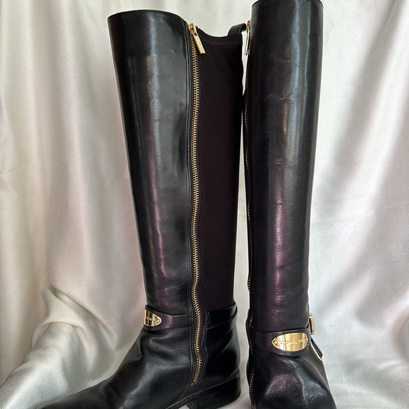 Michael Kors Black Leather Arley Stretch Boots with Gold Hardware - Picture 10 of 13